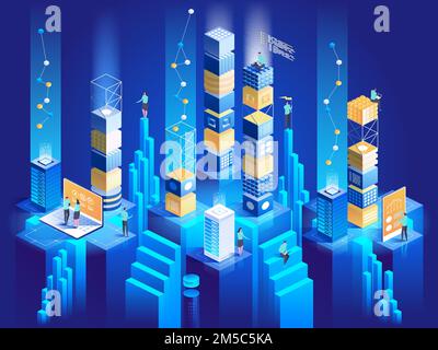 Technology isometric concept. Digital blocks connection with each other. Digital technologies. Monitoring and testing of the digital process. Business Stock Vector