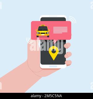 Taxi online service with using mobile phone vector illustration, flat cartoon smartphone with taxi cab and pin pointer in hand Stock Vector