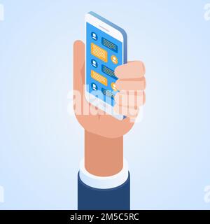 Man chatting with chat bot on smartphone vector illustration. Communication with chat bot use smartphone, message for chat bot Stock Vector
