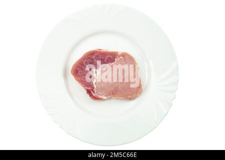 Pork meat slice on a white plate, isolated on white background Stock Photo