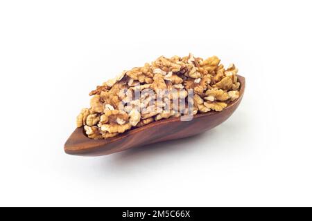 Wooden bowl full of walnuts, isolated on white background Stock Photo