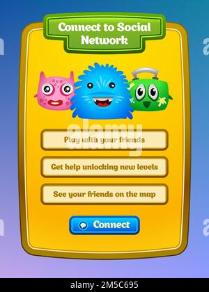 Game UI. Interface game design. Connect to social network screen. Vector eps 10. Stock Vector
