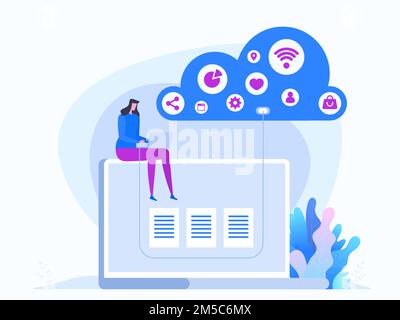 Modern flat design concept of Cloud Technology for website and mobile website development. Landing page template. Cloud computing service online media Stock Vector