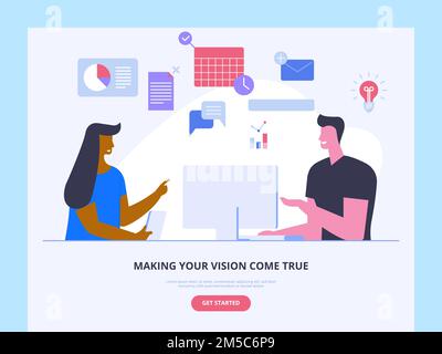 Idea generation, brainstorm landing page template. Website homepage interface idea with flat illustrations. Business strategy discussion. Coworking we Stock Vector