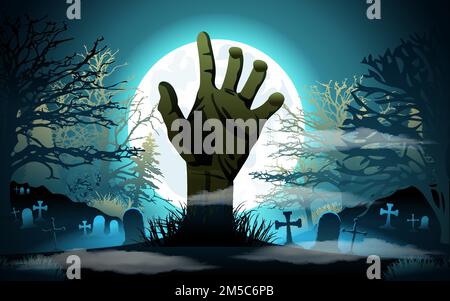 Halloween background. Zombie hand rising out from the ground. Vector illustration Stock Vector