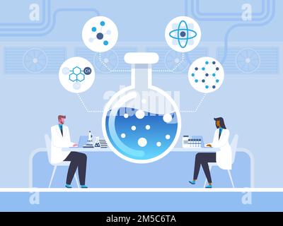 Biochemistry, chemical study vector illustration. Doctors, scientists with laptops cartoon characters. Pharmaceutical company lab, medical experiment. Stock Vector