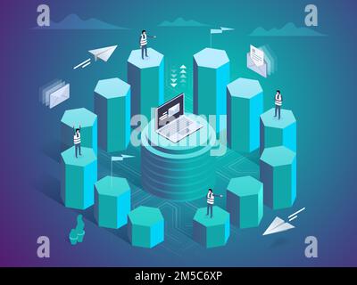 Marketing Automation concept in isometric design. Business growth analytics or strategy development. Vector illustration. Stock Vector