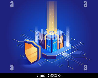Isometric vector illustration of digital protection mechanism, system privacy. Data secure. Web crime or virus attack. Symbol of protection. Hacking c Stock Vector