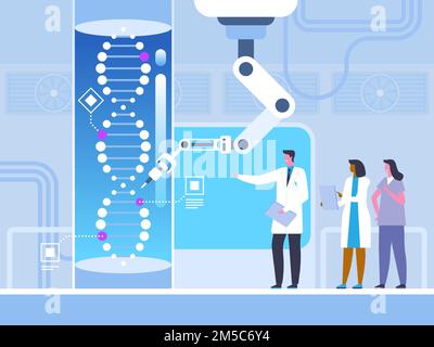 Genetic engineering flat vector illustration. Male and female doctors, scientists cartoon characters. Futuristic medicine, biotechnology, medical rese Stock Vector