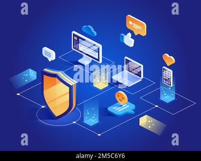 Isometric Security Data Protection concept. Server Pc monitor Tablet Phone Laptop in Cloud network. Vector illustration. Stock Vector