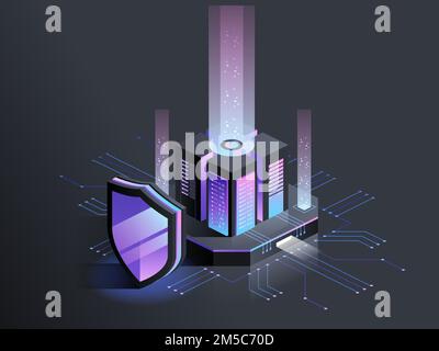 Isometric vector illustration of digital protection mechanism, system privacy. Data secure. Web crime or virus attack. Symbol of protection. Hacking c Stock Vector