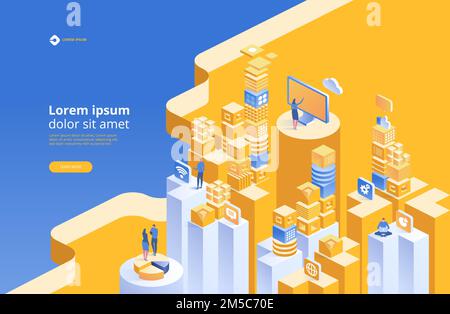 SEO analytics team landing page. Search engine optimization analysis concept. Vector isometric illustration Stock Vector