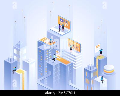 Virtual Reality concept. Social city of the future. Screen, interactive future phone innovation. Experience of work, learning or entertaining on augme Stock Vector
