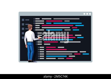Programmer writing a code. Young programmer coding a new project near console on symbol of command line. Vector illustration Stock Vector