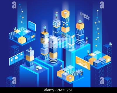 Technology isometric concept. Digital blocks connection with each other. Digital technologies. Monitoring and testing of the digital process. Business Stock Vector