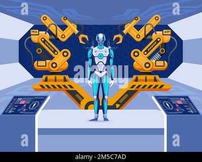 Industrial automation with robotic production line and mechanical arms assembly products. Vector illustration Stock Vector