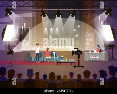 Talk show concept with three participants sitting on a couch and female reporter. Vector  flat illustration Stock Vector