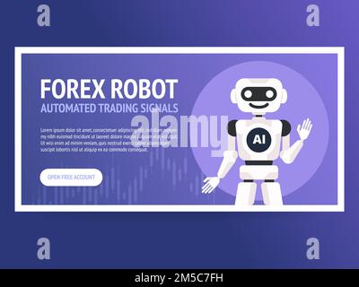 Stock exchange trading robot banner. Forex market. Forex trading. Technologies in business and trading. Artificial intelligence. Equity market. Busine Stock Vector