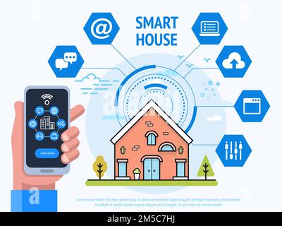 Smart House Technology Concept. Human hand holding smartphone with control system app. Vector illustration Stock Vector