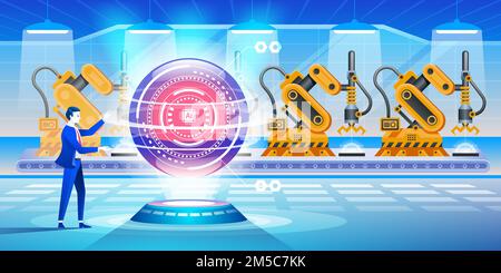 Smart industry 4.0. Man standing in the middle of the conveyor in the factory, and manages the hologram of Artificial Intelligence. Vector illustratio Stock Vector