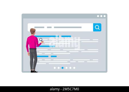 Man searching information on the internet, SEO concept. Vector illustration Stock Vector