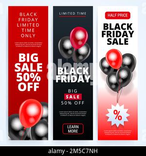 Black Friday Sale Vertical Banners Set. Flying Glossy Balloons on White and Red Background. Vector illustration. Stock Vector
