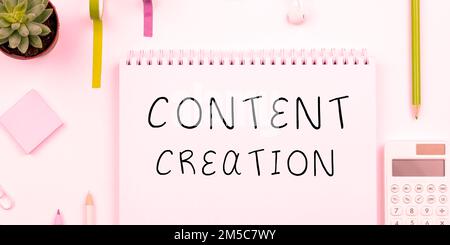 Text caption presenting Content Creation. Word for contribution of information to any digital media Stock Photo