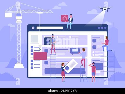 Web design and development. Site under construction. A team of young professionals working on a landing page. Flat vector illustration, clip art. Mill Stock Vector