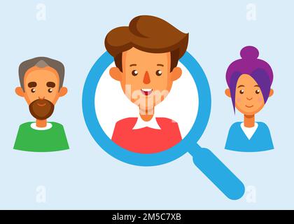 Headhunting and Recruitment illustration with candidate people. Flat icon vector illustration. Magnifying Glass. Stock Vector