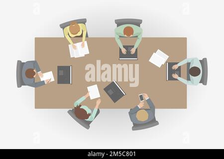 Employees working at table in office. Top view. Vector. Stock Vector