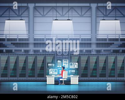 Programmer in data center room with graph monitor system Data Center Room Hosting Server Computer Monitoring Information Database Flat Vector Illustra Stock Vector