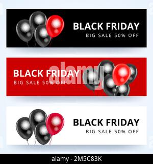 Black Friday Sale Horizontal Banners Set. Flying Glossy Balloons on White and Red Background. Vector illustration. Stock Vector