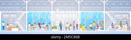 Creative Office Co-working Center in loft style. Smiling young people working on laptops in co-working area. Male and female freelance workers sitting Stock Vector