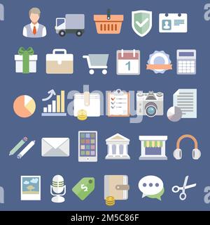 Flat icons set. Vector icons and symbols on business management or analytics and e-commerce theme. Stock Vector