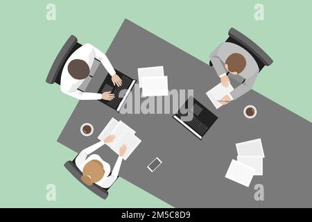 Team of managers working at table. Top view. Vector. Stock Vector
