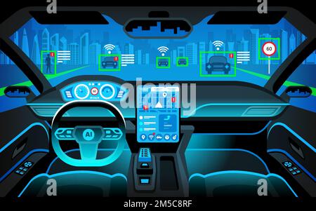 Cockpit of autonomous car. self driving vehicle. Artificial intelligence on the road. Head up display(HUD) and various information. Vehicle interior. Stock Vector