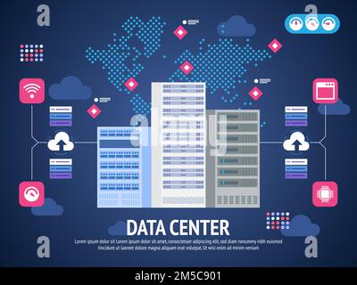 Data Center Cloud Computer Connection Hosting Server Database Synchronize Technology Vector Illustration Stock Vector