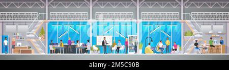 Creative Office Co-working Center in loft style. Smiling young people working on laptops in co-working area. Male and female freelance workers sitting Stock Vector