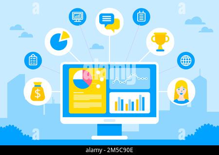 CRM concept design. Flat icons of accounting system, clients, support, deal. Organization of data on work with clients, Customer Relationship Manageme Stock Vector