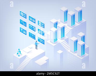 Networking. Database management. Application development. Information technologies. Concept of hi tech isometric vector illustration Stock Vector
