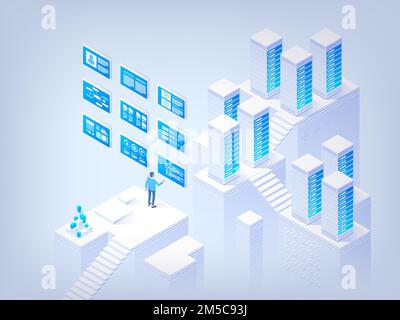 Networking. Database management. Application development. Information technologies. Concept of hi tech isometric vector illustration Stock Vector