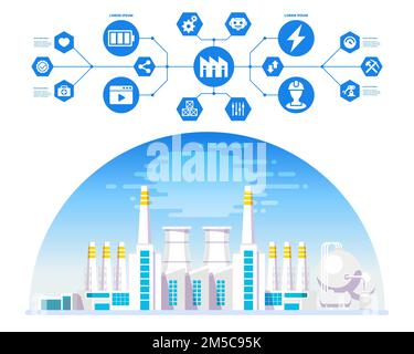 Industry 4.0 concept image. Industrial instruments in the factory with cyber and physical system icons. Internet of things network. Vector illustratio Stock Vector
