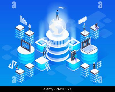 3d vector isometric illustration of the Virtual augmented reality concept with people learning and entertaining. Stock Vector