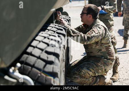 A U.S. Air Force Airman with 821st Contingency Response Squadron conducts a joint inspection on a Light Armored Vehicle assigned to 3d Light Armored Reconnaissance Battalion in preparation for a command post exercise (CPX) at Marine Corps Air Ground Combat Center Twentynine Palms, California, Feb. 28, 2022. This evolution provided an opportunity for Marines to practice expedient setup of a regimental headquarters, enabling command and control from distributed locations. Stock Photo