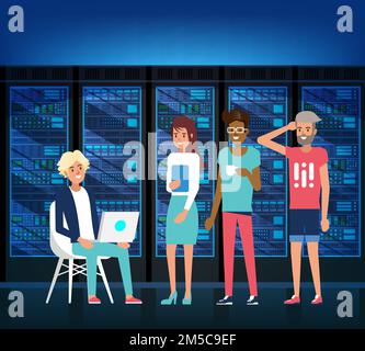 Data Center. Techniques, IT Specialist and Service Staff. Vector Stock Vector