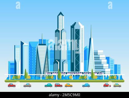 Urban landscape with high skyscrapers and subway. Vector illustration ...