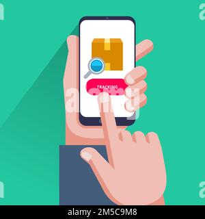 Parcel tracking. Hand holding smartphone with cardboard package, magnifying glass and tracking button on mobile phone screen. Finger touching button. Stock Vector