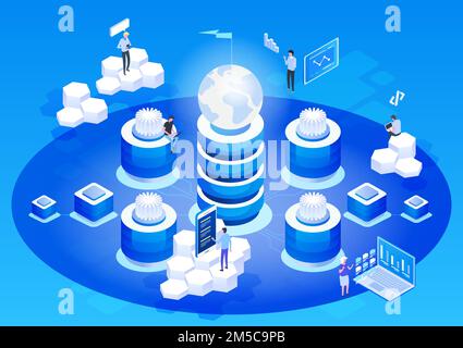 Abstract high technology concept. Data storage. Web cloud technology business. Internet data services. Vector isometric illustration. Stock Vector