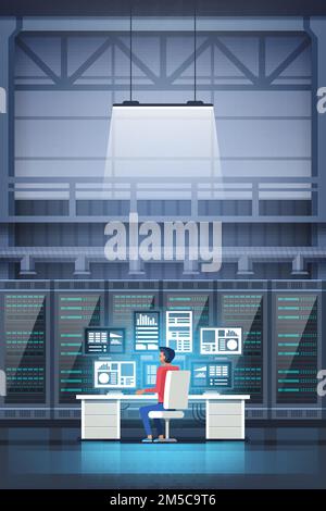 Programmer in data center room with graph monitor system Data Center Room Hosting Server Computer Monitoring Information Database Flat Vector Illustra Stock Vector