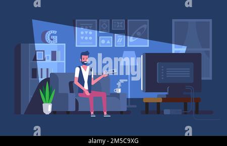 Man watches TV on sofa Watching TV and relax at home on couch Vector illustration in flat style. Stock Vector